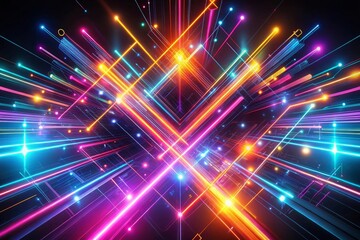 Obraz premium Input generative AI tools to create neon futuristic flashes on a black background. Motion light lines backdrop. For banners, postcards, illustrations