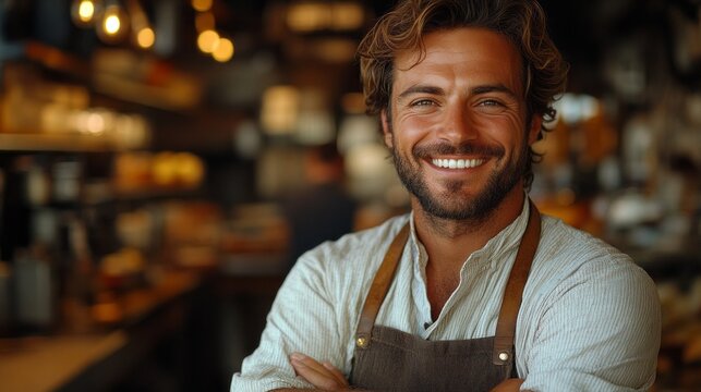 A man with a beard and mustache is smiling and wearing an apron. He is standing in a restaurant with a counter behind him