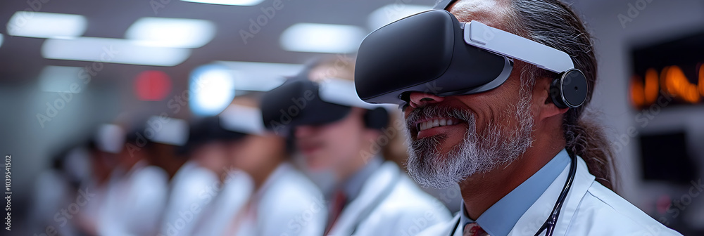 Poster a bearded mature caucasian man wearing a virtual reality headset,looking amazed and excited while ex