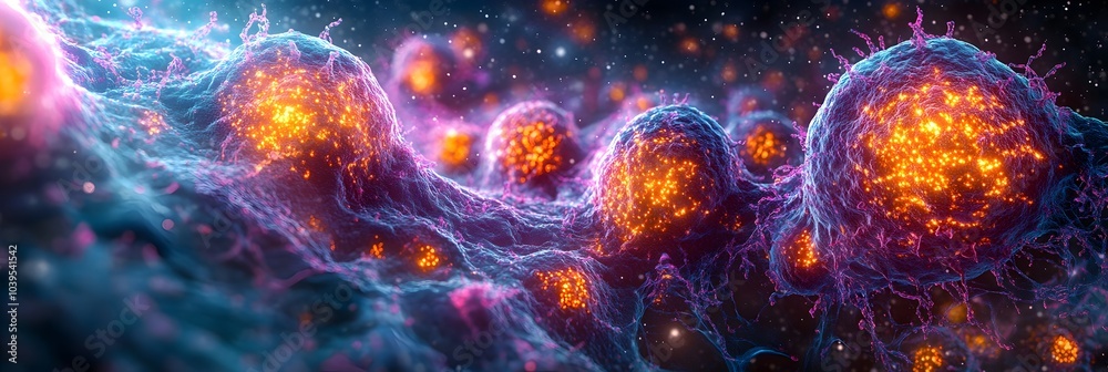Fototapete a captivating microscopic image showcasing the dynamic,energetic explosion of vibrant,glowing partic