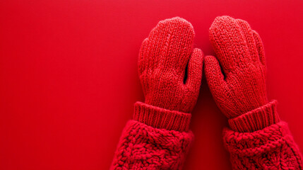Warm gloves on a solid red background cozy detail