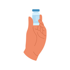 Hand holding a small ampoule for injection in flat simple style. Medical design