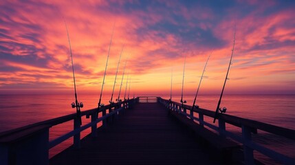 Obraz premium A serene pier for sea fishing under a vibrant sunrise sky, Fishing rods under a colorful morning glow, Sunrise serenity style
