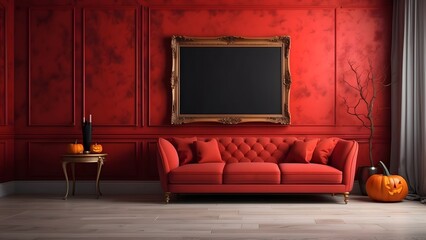 Modern minimalist wall art mockup of red luxury living room for Halloween, blank frame for wall art mockup of sofa living room, Halloween and Christmas spooky scary vibes of the room interior design
