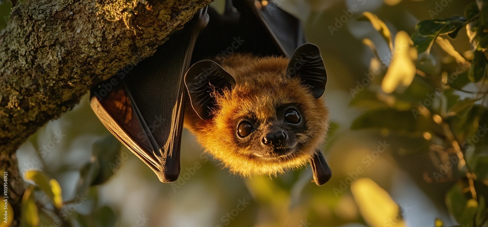 Poster A close-up of a bat hanging upside down from a tree branch, with its fur catching the sunlight.