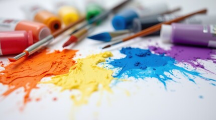 Obraz premium An artistic setup of paint tubes and brushes features bold colors like fiery orange, royal blue, and bright yellow.
