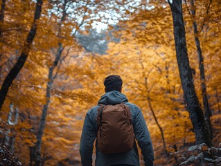 Man Hiking Through Autumn Forest with Backpack