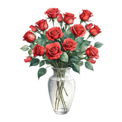 Elegant red roses in vase with isolated background, Watercolor red roses in glass vase with isolated background, Realistic red rose arrangement with isolated background.