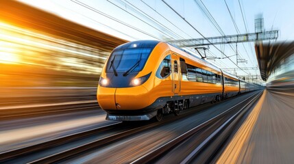 Fototapeta premium Sleek High-Speed Train in Motion at Sunset