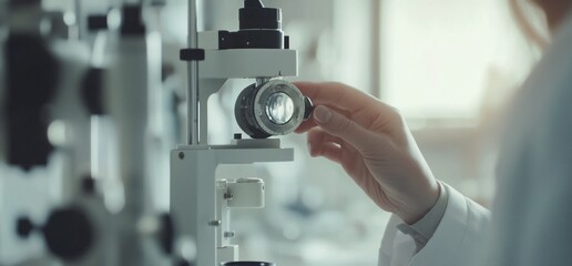 A close-up of a scientist's hand adjusting the lens of a microscope in a laboratory setting.
