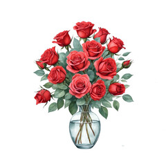 Watercolor red roses in glass vase with isolated background, Red rose bouquet with isolated background, Elegant red roses in vase with isolated background.