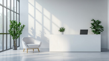 Fototapeta premium Clean modern office reception with natural light and minimalist design