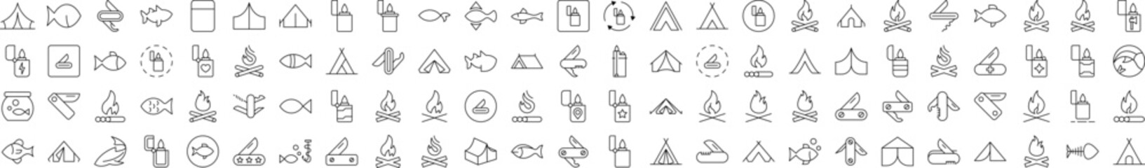 Fototapeta premium Camping Isolated Outline Icons. Contains such Elements as Bonfire, Fish, Folding Knife, Tent, Lighter. It Can Be Used for Interface, Posts, Advertisements, Various Cards