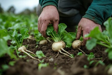 A farmer is actively pulling root vegetables like turnips from the rich, dark soil, emphasizing a sustainable agricultural lifestyle in a rural setting.