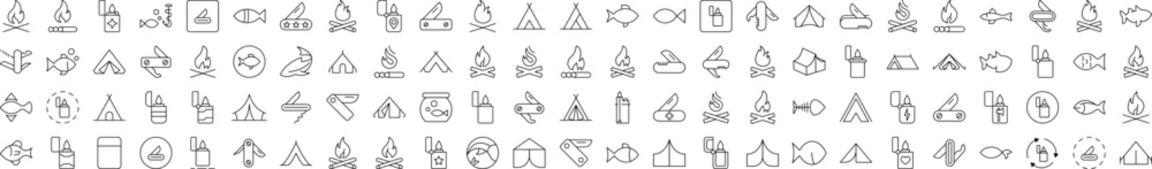 Fototapeta premium Camping Isolated Outline Signs. Contains such Elements as Bonfire, Fish, Folding Knife, Tent, Lighter. It Can Be Used for Interface, Posts, Advertisements, Various Cards