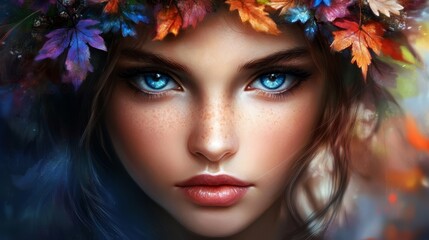  A close-up of a woman with blue eyes adorned by a wreath of leaves