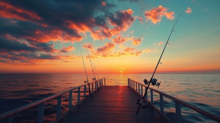 A serene pier for sea fishing under a vibrant sunset sky, Fishing rods under a colorful horizon, Sunset tranquility style