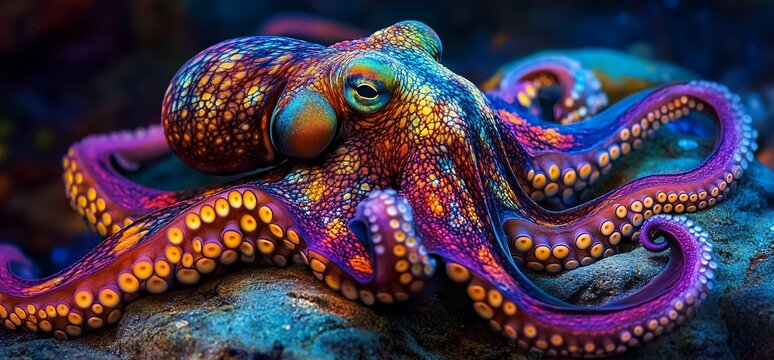 A colorful octopus with large blue eye, resting on a rock.