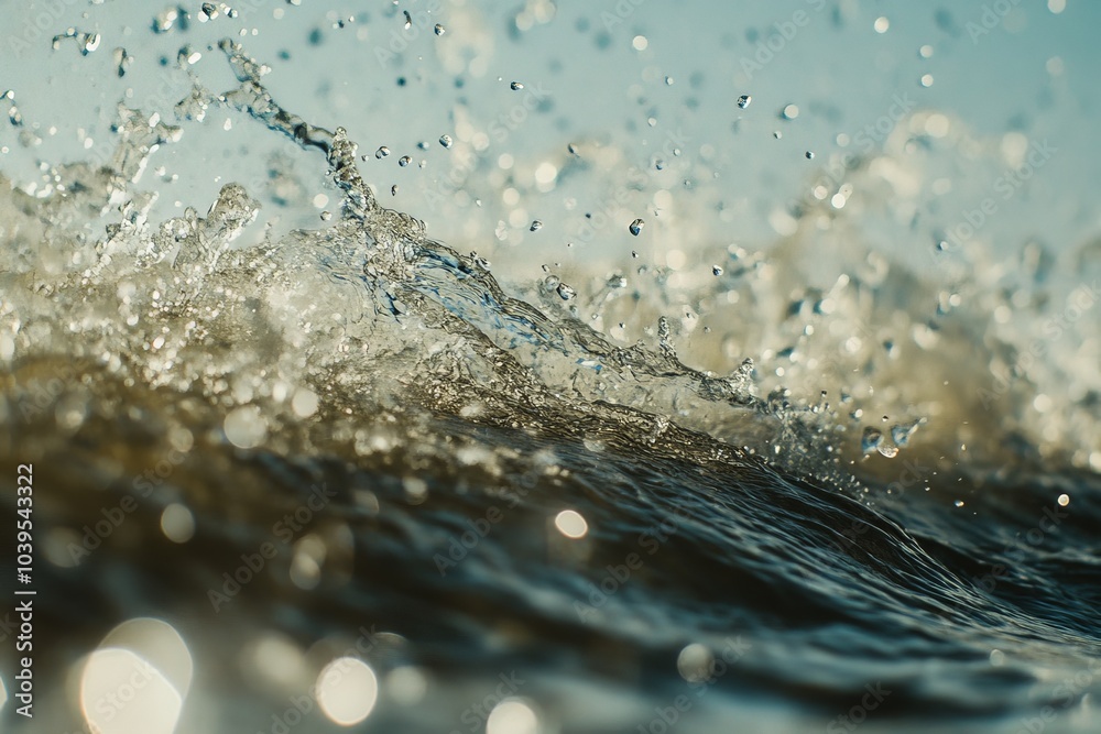 Poster This image captures a stunning close-up of water droplets splashing dynamically, illuminated beautifully by natural sunlight, creating a vivid and lively scene.