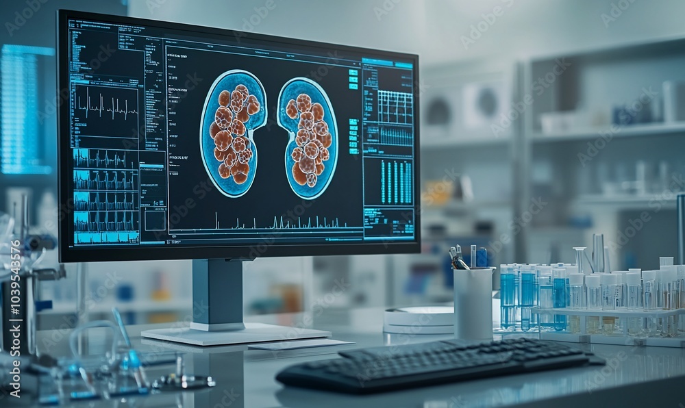 Poster a computer monitor in a laboratory displays a 3d model of human kidneys, with the surrounding area s