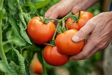 A pair of hands delicately hold freshly picked tomatoes amidst lush green garden foliage, emphasizing freshness and a connection with nature&rsquo;s bounty.