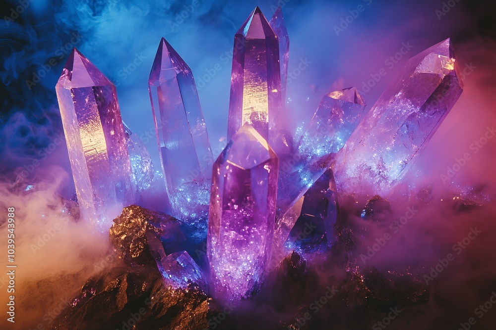 Poster The image presents a stunning collection of blue and pink crystals, illuminated in a hazy mist, creating a fascinating visual effect of brilliance and depth.