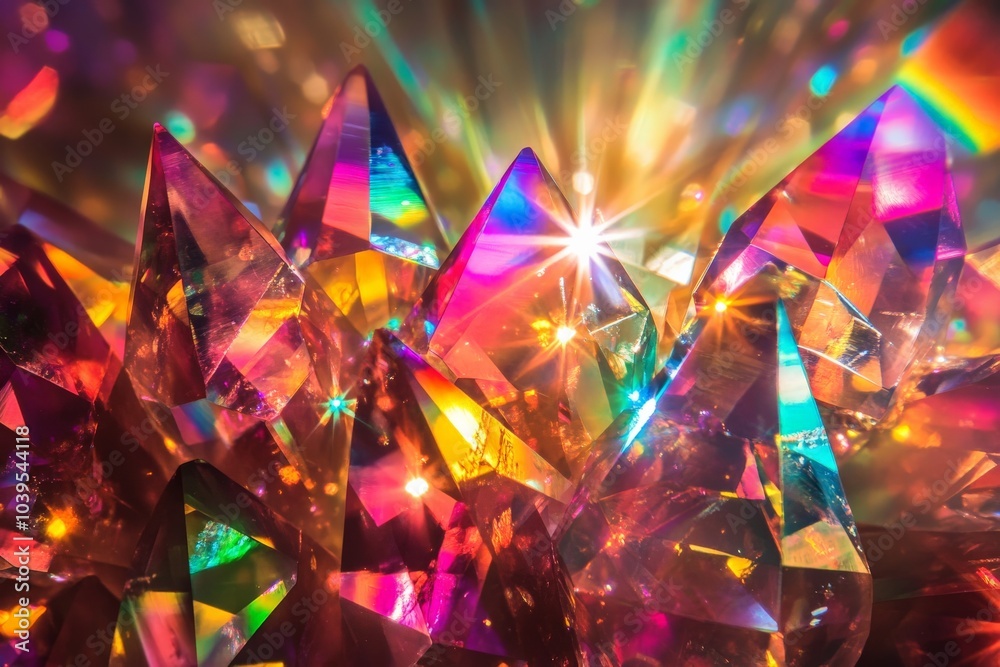 Poster a stunning display of colorful crystals refracting light into a vibrant spectrum of colors, creating