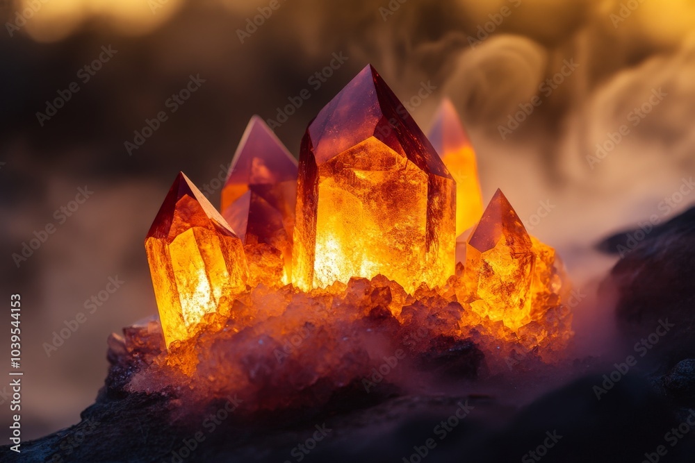 Poster a mystical cluster of glowing orange crystals rises from a smoky setting, casting a magical light th