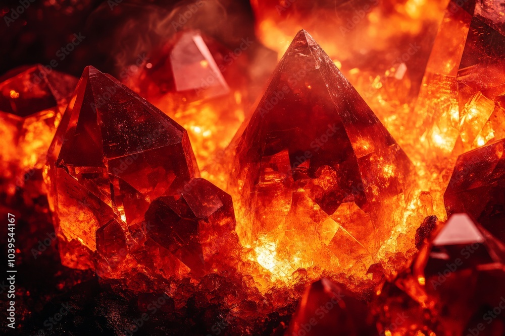 Poster Bright red crystals glow with an intense warmth, creating a breathtaking visual that captivates the viewer through their fiery and energetic presence amidst the scene.