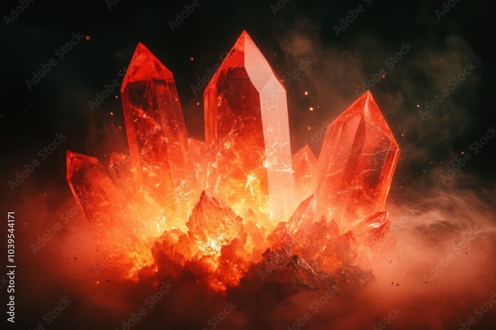 Poster a striking image of vivid red crystals surrounded by smoky clouds, capturing an intense, fiery energ