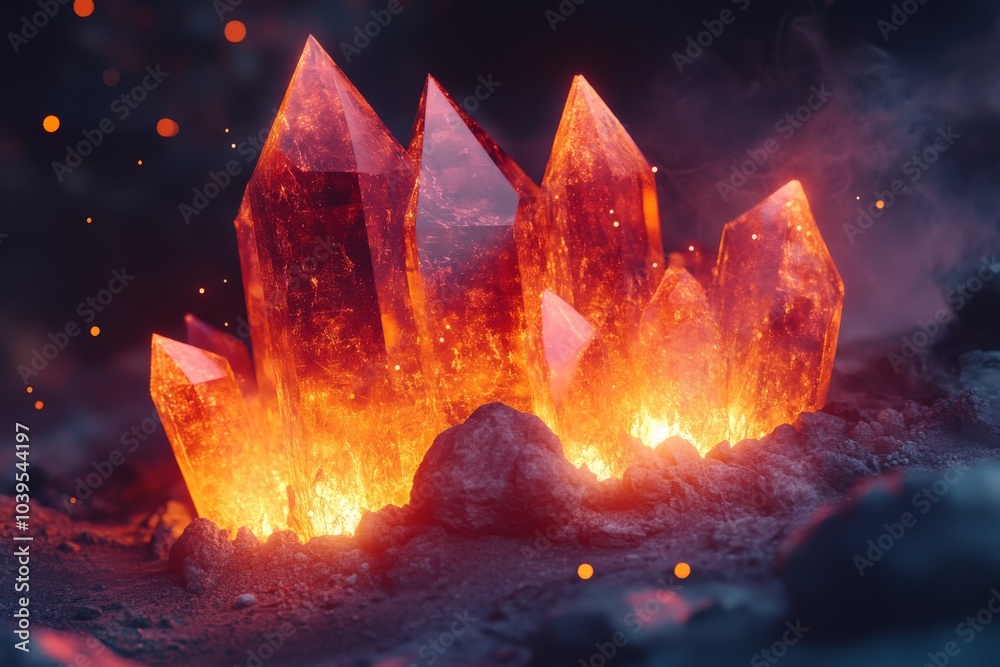 Poster a captivating image showcasing a cluster of brilliant crystals glowing fiercely with a rich red hue,
