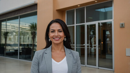 Fototapeta premium Latin skin care clinic owner smiling at the camera in front of the clinic