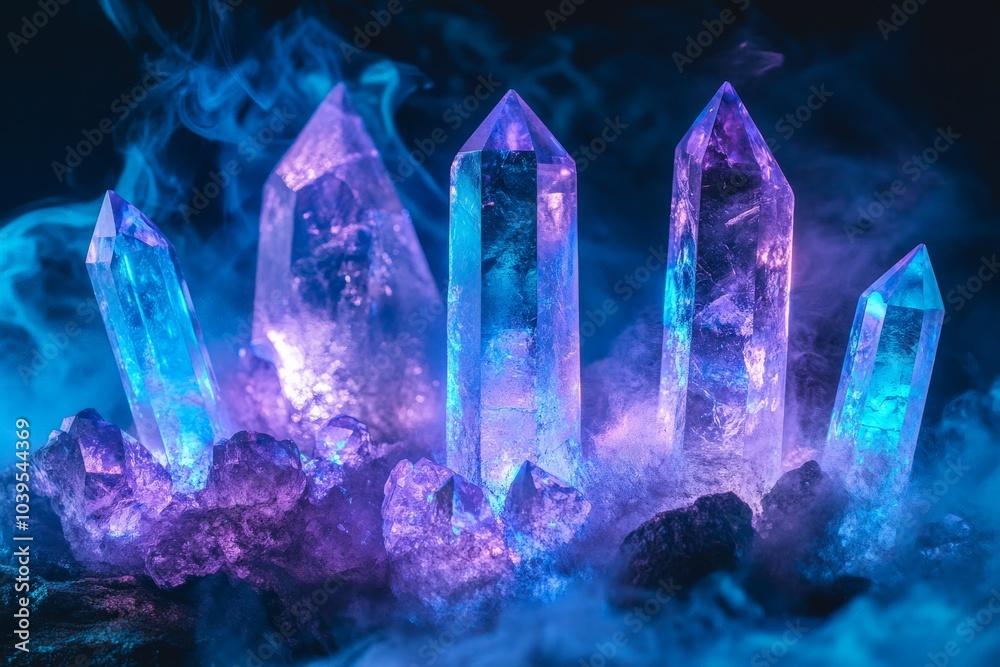 Poster luminous quartz formations shine with vivid blue and purple hues, creating a striking visual display