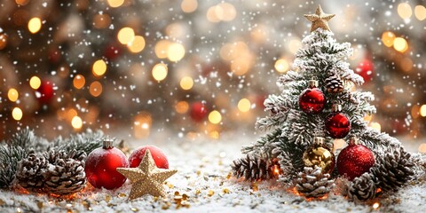 A festive Christmas scene featuring a beautifully decorated tree with ornaments and pinecones, set against a bokeh background of warm, glowing lights.