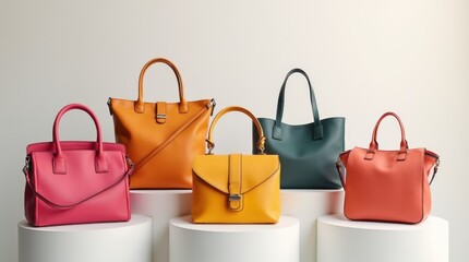 A collection of stylish handbags showcases vibrant colors.