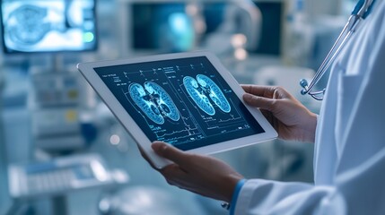 A doctor holds a tablet displaying an MRI brain scan, reviewing a patient's medical records.