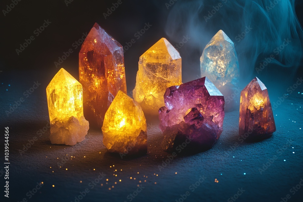 Aufkleber amethyst crystals vibrantly glow against a smoky background, their radiant light creating a magical 