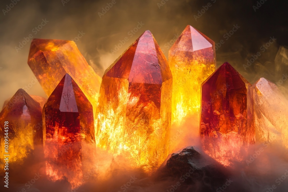 Poster bright and jagged red-orange crystals glow amidst a mysterious mist, evoking a sense of magic and wo