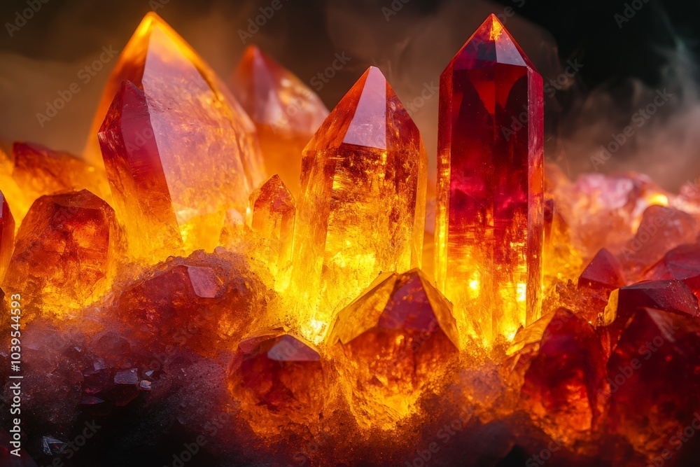 Poster Glowing red crystals with intense light shine brightly in surrounding mist, creating a surreal atmosphere that exudes mystery and captivates the imagination.