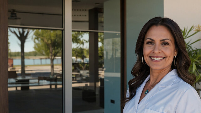 Female latin med spa owner smiling at the camera looking