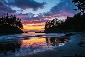 An idyllic sunset paints the tranquil bay with vibrant colors, enclosed by a forested landscape that enhances the calming and picturesque waterscape scene.