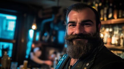 A bearded man with a handlebar mustache smiling warmly in a dimly lit bar, with bottles in the background and a cozy atmosphere, creating a friendly and inviting scene with a casual and rustic vibe
