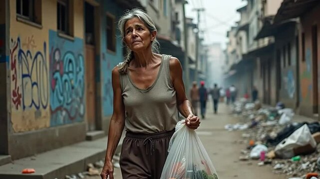 A tired woman in old clothes walks through a rundown neighborhood. The city background shows old, deteriorating buildings.