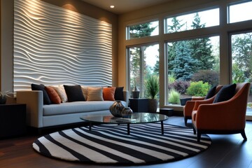 Fototapeta premium This contemporary space showcases a wave wall, an elegant sofa, and chairs with striking orange accents, complemented by a zebra-patterned rug, creating vibrant energy.