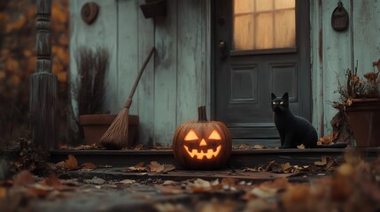 A glowing jack-o-lantern sits on a porch steps, surrounded by fallen leaves. A black cat sits nearby, watching the scene with curious eyes. © Dinara