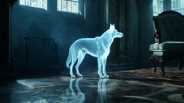 Ghost dog guards old castle inside. Loyal dog protects house indoor. Haunted home background. Ominous ghostly doggy. Ethereal form. Mysterious ambiance. Nostalgia and magic.