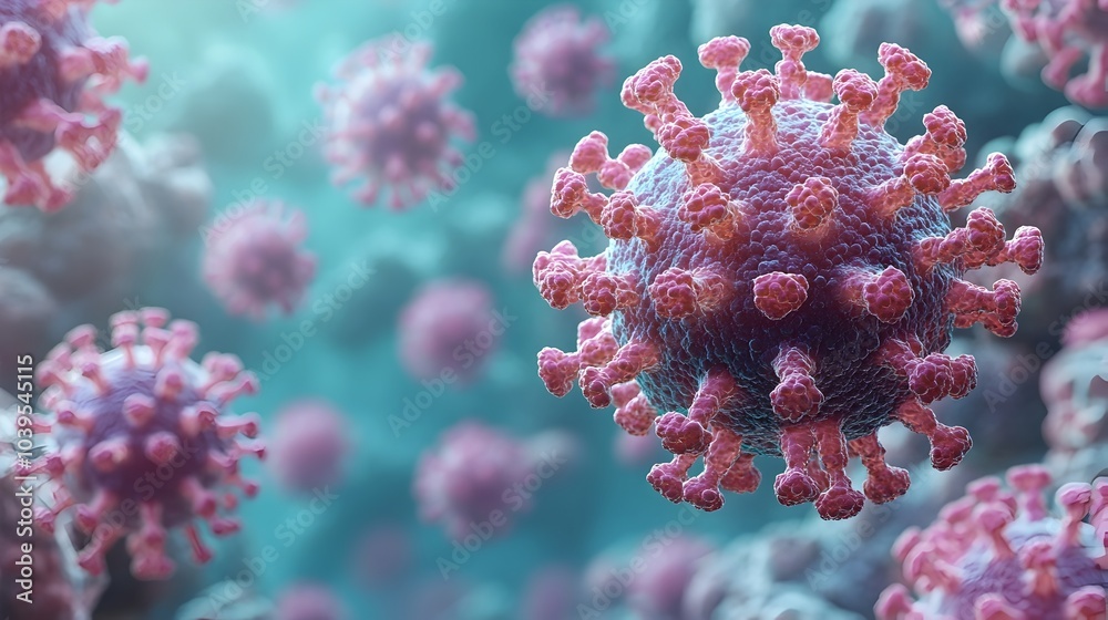 Poster closeup microscopic view of the detailed structure and shape of a coronavirus pandemic virus particl