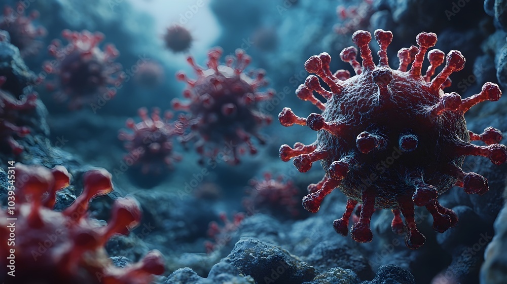 Aufkleber close-up microscopic view of the molecular structure and cells of the dangerous coronavirus covid-19