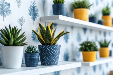 Obraz premium Bright indoor shelf filled with various potted houseplants showcasing modern home decor and interior styling with a nature inspired touch for urban living