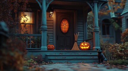 A charming porch decorated for Halloween with pumpkins and a black cat. The door is open, inviting trick-or-treaters to come inside.
